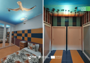 Quarto com duas camas articuladas para seniores e com roupeiro embutido e teto com tela de três gaivotas a voar