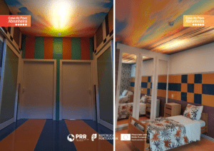 Quarto de um lar de idosos com um roupeiro com espelhos e teto com o pôr o sol