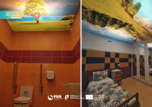 lar de idosos com quartos decorados com telas no teto de paisagens, camas articuladas e espelhos no roupeiro